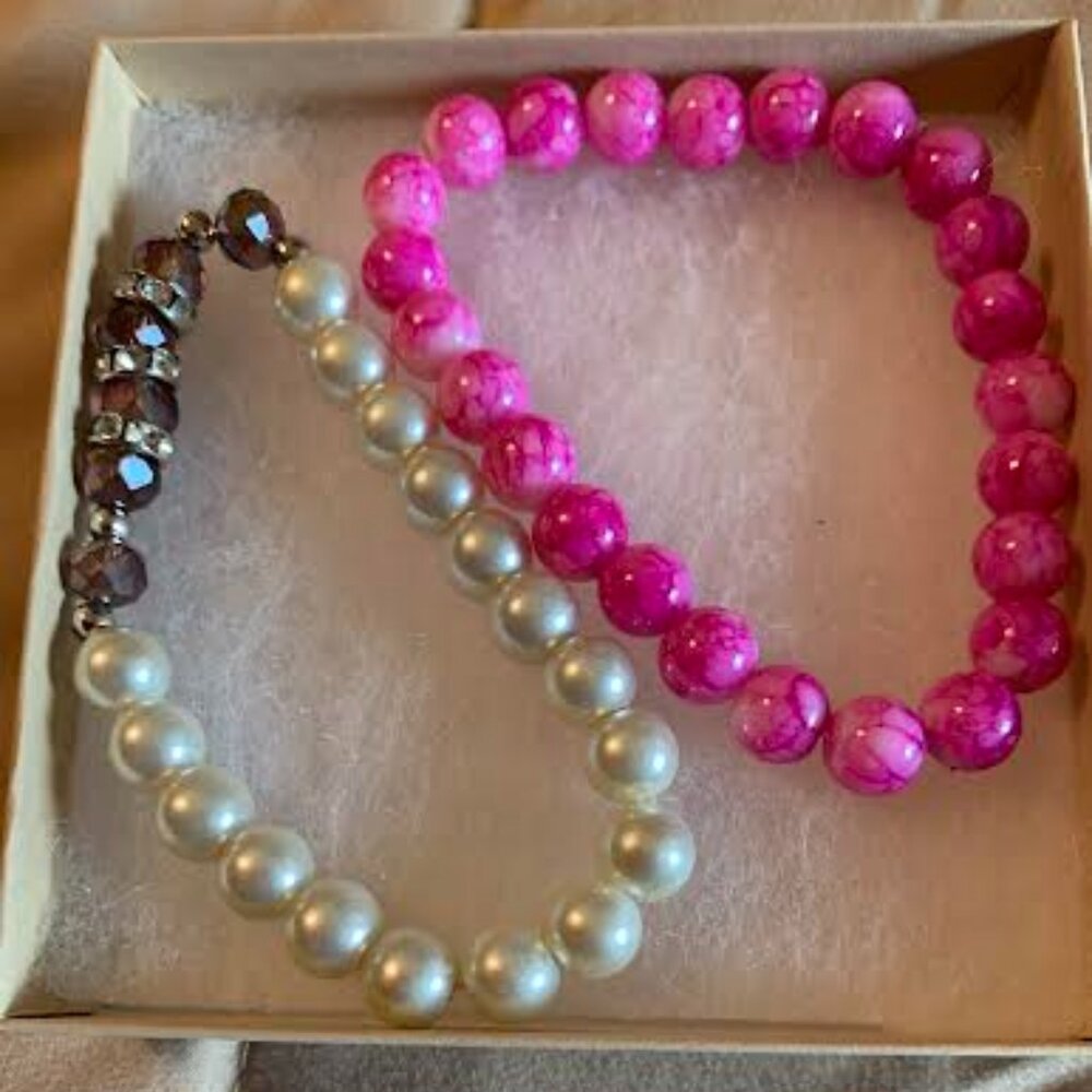 Set of 2 Handmade Beaded Bracelet by Unique By Faith® pink and faux white pearls